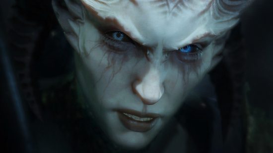 Diablo 4 beta stats - Lilith, a pale-faced demon with stunning blue eyes, furrows her brow and glowers in anger