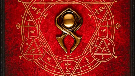 Diablo 4 Collector's Edition unboxing - a golden pin in the shape of the Horadrim symbol, set on a red background with an occult design traced around it in gold