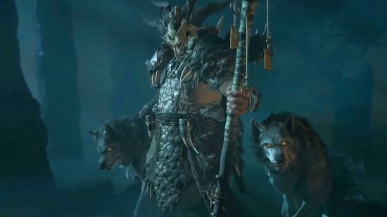 Diablo 4 Druid won’t changing anytime soon despite backlash: A broad man in a stag skull helmet with two black wolves flanking him in a dark forest