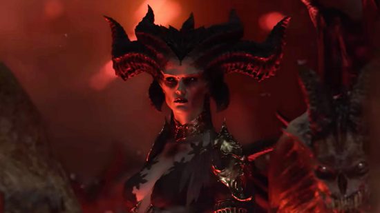 Diablo 4 is no MMO - you'll be "blowing up screens of monsters": A woman with long curved horns looks into the camera as demons snarl around her