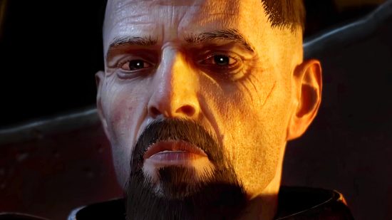 Diablo 4 unlock mounts - Vigo, a man with a wrinkled face and trimmed goatee, looks downwards in concerned thought