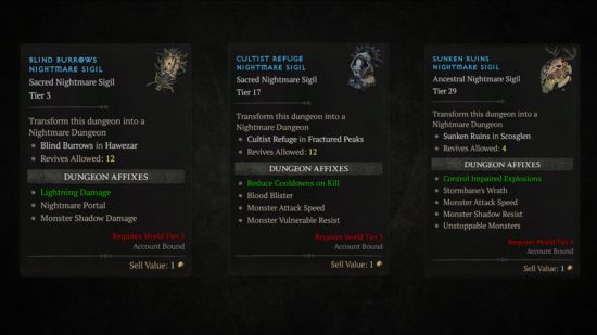Diablo 4 Nightmare Sigils - three items used to apply unique modifiers to nightmare dungeons