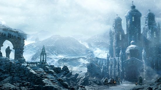 Diablo 4 post-beta patch notes - a large building among a snowy mountain-strewn landscape