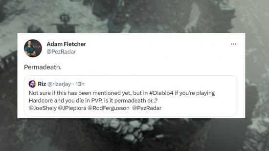 Ein Tweet von Diablo 4-Entwickler Adam Fletcher über Permadeath im PvP