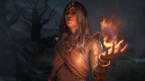 Diablo 4 respeccing won't cost too much, Blizzard promises: A tanned woman with long black hair conjures fire from her hand standing in a dark forest