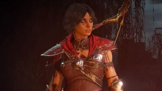 Diablo 4 could feature Diablo 2's runewords, Blizzard says: A tanned woman with short black hair and red leather armour with a bow on her back stands in a dark forest