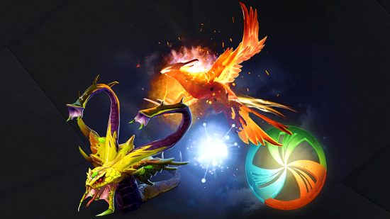 Dota 2 - graphic featuring Venomancer, Phoenix, and Io to demonstrate the new hero type