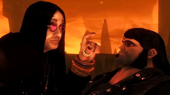 Obral Double Fine Steam - Ozzy Osbourne mengacungkan jempol ke Eddie Riggs dari Jack Black di Brutal Legend