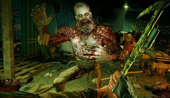 One of the best zombie games - no, the other one - is free on Epic: A mutated zombie bathed in green light charges the camera as the viewer holds a huge industrial axe