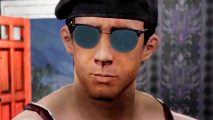 Fallout 76 update Once in a Blue Moon adds two Cryptids - Beckett stands in a house, wearing a beret and sunglasses