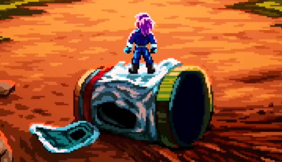 Farworld Pioneers Steam release date and demo - a pink-haired figure in a blue space suit stands on the wreckage of a broken escape pod, looking out at the horizon