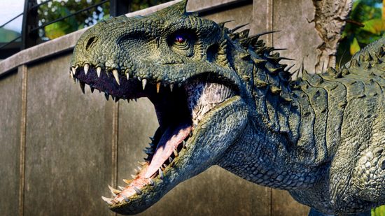 Frontier Steam sale - a T-Rex opens its mouth in a wide roar after smashing through a wall in Jurassic World Evolution 2