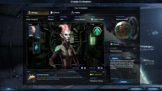 Galactic Civilizations 4 Supernova - civ creation screen showing a faction called the "Stellar Paragons" and their various traits and details