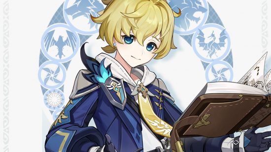 Genshin Impact codes: Artwork of blonde-haired Genshin Impact character Mika levitating a book while smiling.