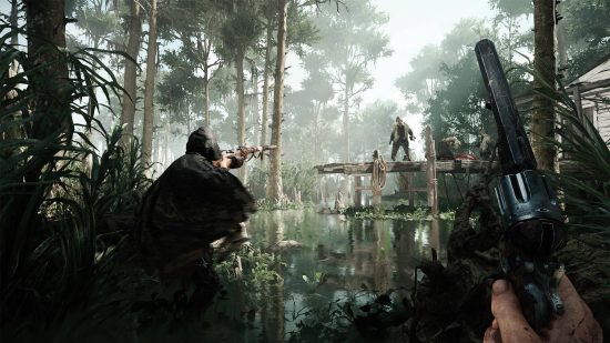 Best ghost games: a hand holding a revolver, another human wearing a cloak takes aim at a being standing about 20 meters away on a dock.