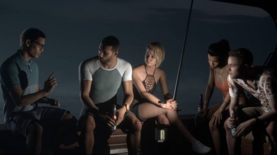Best ghost games: a group of young adults sit on the edge of a dock in the night.
