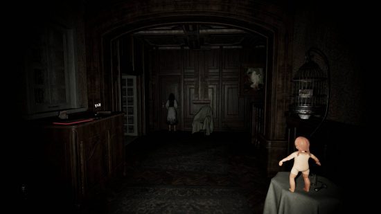 Best ghost games: dark room, creepy girl standing in the corner, creeiper doll standing on a table.