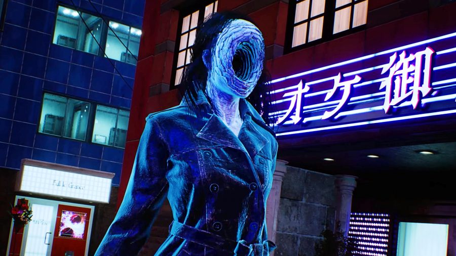 Ghostwire Tokyo - a blue-skinned person in a stylish leather jacket. Their entire face is replace with a large, gaping hole.