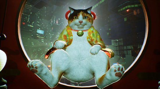 Ghostwire Tokyo update Spider's Thread adds Denuvo DRM anti-piracy tech - a alrge cat wearing an open yellow silk shirt flots in front of a large window overlooking Tokyo