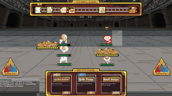 GladiEATers - beberapa item makanan saling berhadapan dalam pertempuran.  Menu pemilihan gerakan ditampilkan di bagian bawah layar.