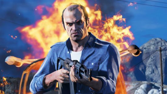 GTA 5 player asks Rockstar for $75k refund, gets $32 million instead: A balding man with a blue shirt, Trevor from GTA 5, holds an assault rifle