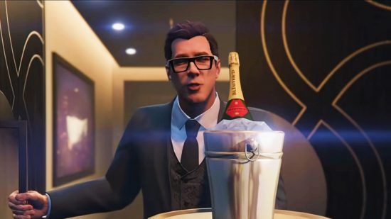 GTA Online weekly update - a butler brings a bottle of champagne into a room on a tray