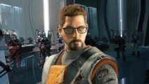 Half Life 2 RTX Remix mod: Gordon Freeman with path traced vs original footage in backdrop