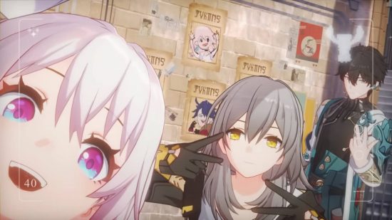 Honkai Star Rail release date - three characters posing for a photograph next to a wanted sign.