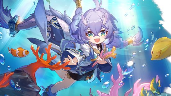 Bailu is actively tearing apart some coral while being surrounded by concerned looking fish. With her dragon-like tail, she's one of the more unique Honkai Star Rails characters.