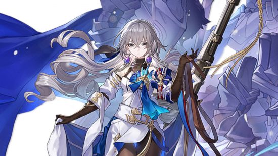 As one of the more regal Honkai Star Rail characters, Bronya is daintily holding her cloak while also grasping the leather strap of her rifle.