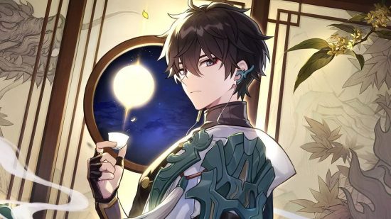 Your cutest Honkai Star Rail crush will phone you up, IRL: A handsome anime man with dark, choppy hair holds up a tea standing in front of a window looking out into space