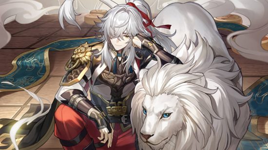 Jing Yuan is one of the laid-back Honkai Star Rail characters, but he is still a badass as he's leaning on an albino male lion.