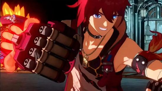 Luka, one of the Honkai Star Rail characters, cracks a huge grin as he pulls his robot arm back to pummel someone in the Boulder Town Fight Club, his red hair flopping in his face.