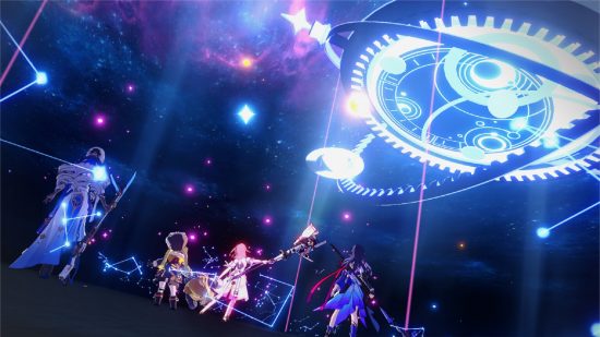 Honkai Star Rail codes: a group of colourful wizards raise their staff to the sky.