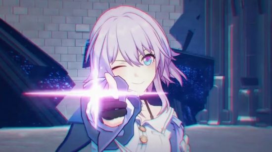 March 7th, one of the many characters you can equip with the best Honkai Star Rail light cones, pointing at the camera.