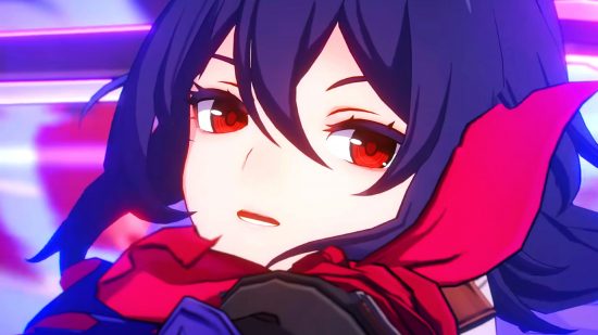Honkai Star Rail pre-download - Seele, a woman with purple hair falling in a fringe across her face, vibrant red eyes, and a matching red scarf