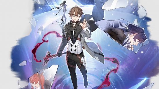 Honkai Star Rail reroll: A white male dressed in a suit and wearing glasses stands on a white background as reality fractures around him.
