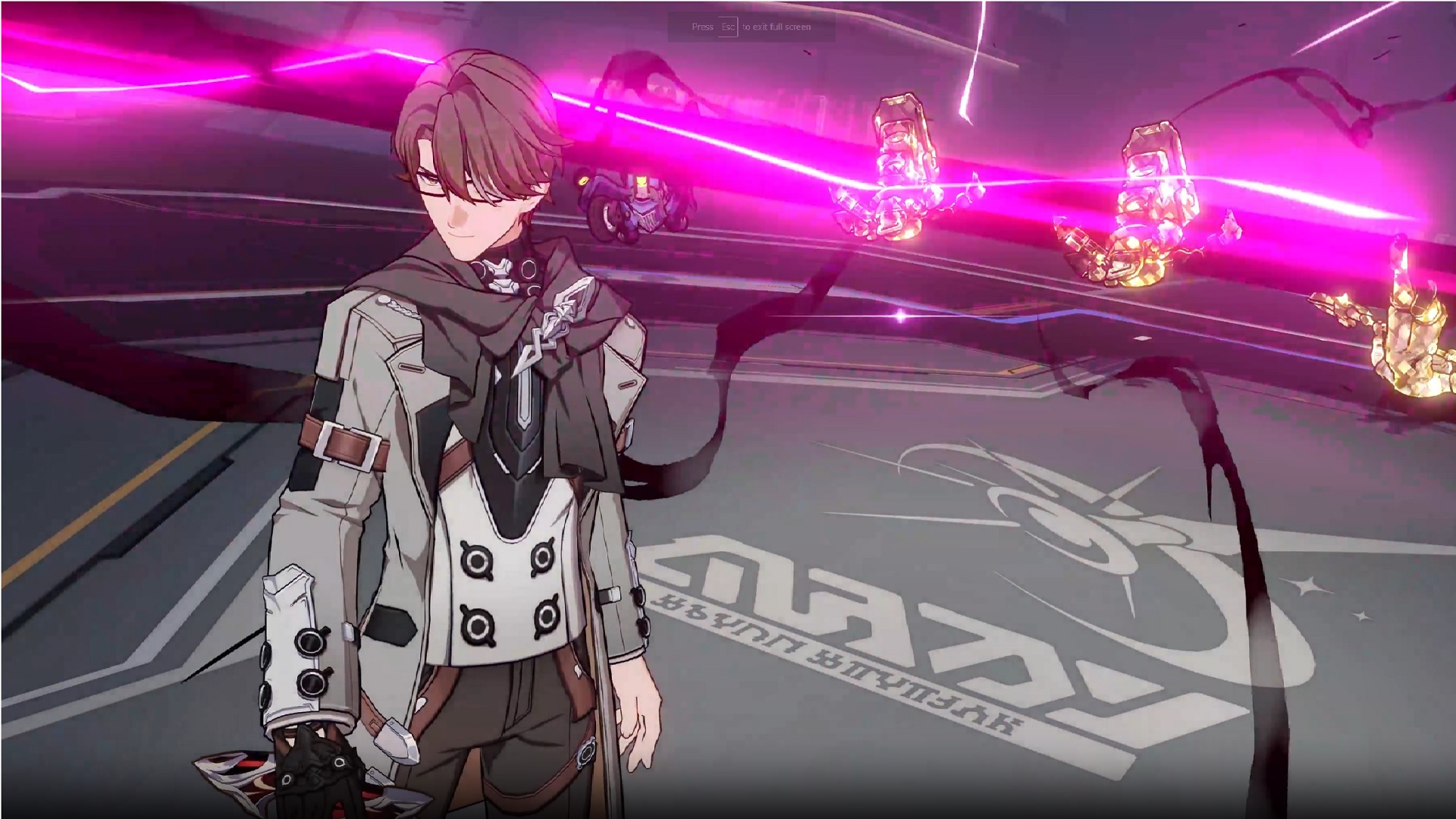Honkai Star Rail reroll: a male anime character wearing glasses set against a pink, glowing light.
