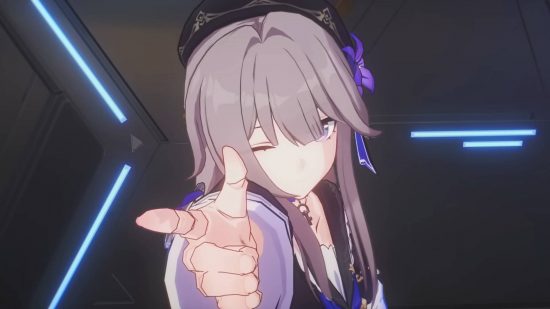 Honkai Star Rail tier list: Herta is pointing to something off-screen in a gesture that suggests the hand represents a gun.