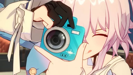 Honkai Star Rail tier list: March 7th is taking a photograph with her teal camera.