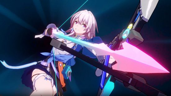 Honkai Star Rail will be "accepted" despite turn-based fears: An anime girl with pink hair draws a pink and blue arrow back on a bow and gets ready to fire