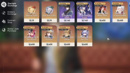 The Starlight Exchange menu, featuring different characters and weapons that can be purchased with Honkai Star Rail Undying Starlight.
