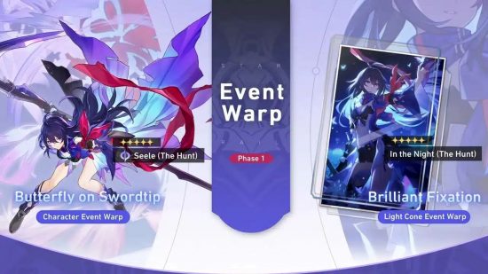 The Event Warp featuring Seele and her signature Light Cone on separate banners, the limited-time The Honkai Star Rail Warps in phase one of the anime game.