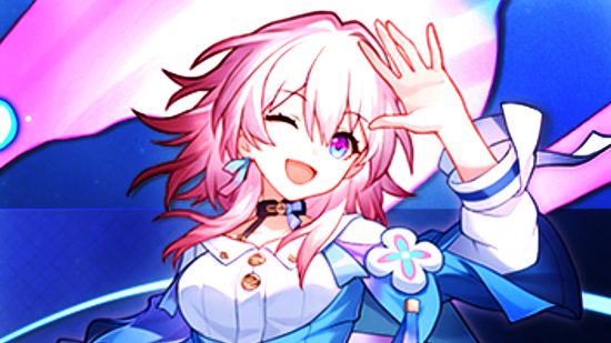 Honkai Star Rail worlds - March 7th, a pink-haired anime girl, winking as she waves joyfully