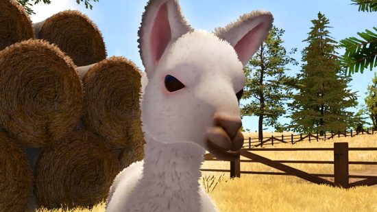 House Flipper update fixes broken Farm DLC - a white-haired alpaca stands in a field near a stack of rounded hay bales