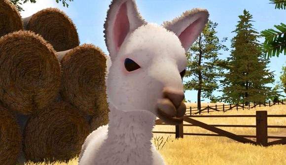 House Flipper update fixes broken Farm DLC - a white-haired alpaca stands in a field near a stack of rounded hay bales