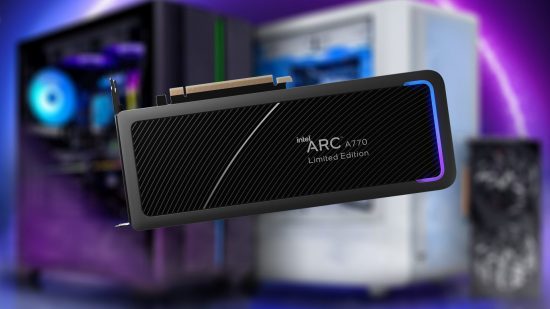 Intel Arc A770 graphics card with Skytech gaming PC in backdrop