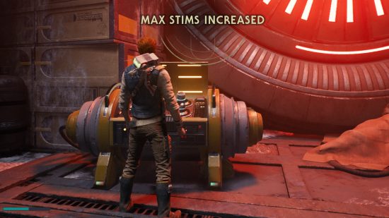 Cal Kestis stands in front of a yellow container where you can pick up Jedi Survivor stim canisters to heal, text reads "Max Stims increased".