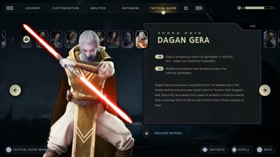 Даган Гера, один из боссов выживших джедаев «Звездных войн», носит желтую мантию и держит в единственной руке красный световой меч с двумя лезвиями.