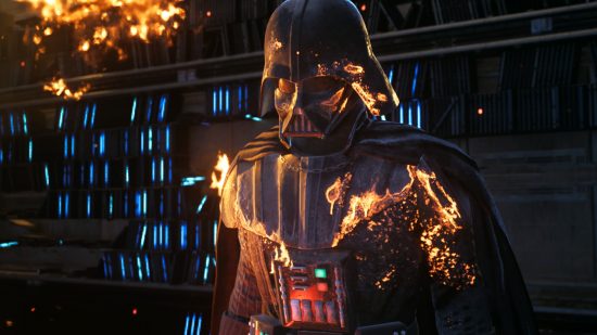 Дарт Вейдер, один из боссов выживших джедаев «Звездных войн», выглядит угрожающе, когда пламя охватывает его мантию и шлем.